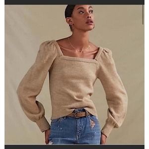 Anthropologie square neck puff balloon sleeve sweater women’s size L tan